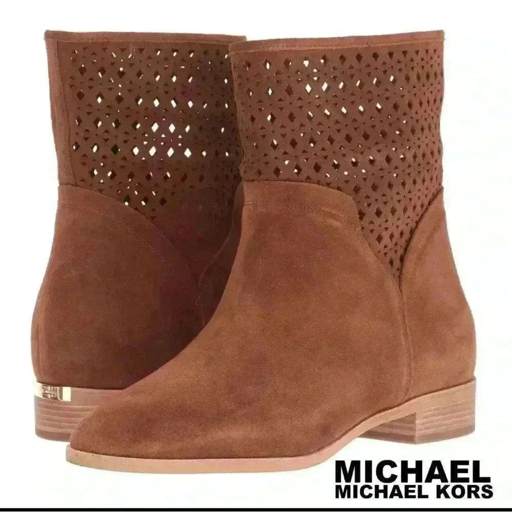 MICHAEL KORS Sunny Ankle Boots Leather Suede Booties Caramel Brown 8